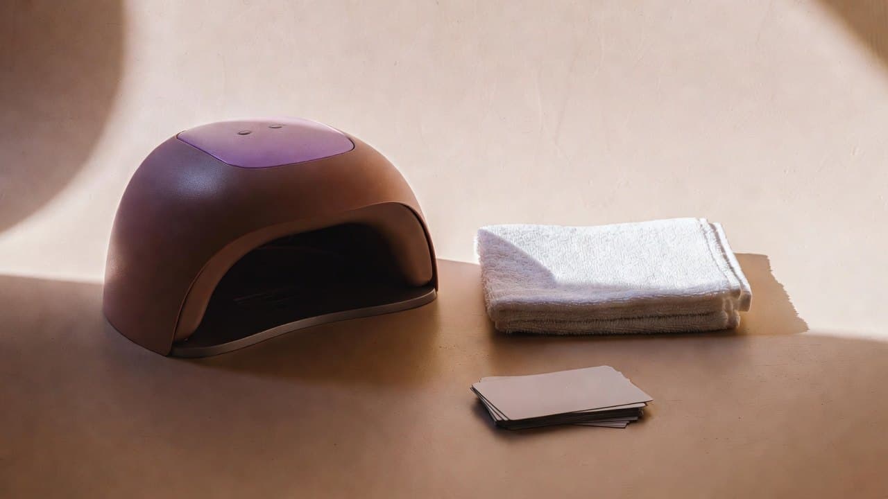 Un poste de manucure prêt et vide : la lampe UV ouverte et éteinte, une serviette pliée, une pile de cartes de rendez-vous vierges.